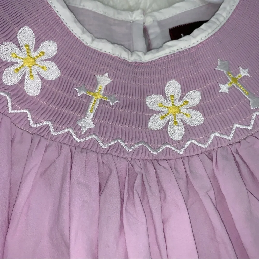 Lil Cactus smocked flower/cross dress - lavender/white/yellow